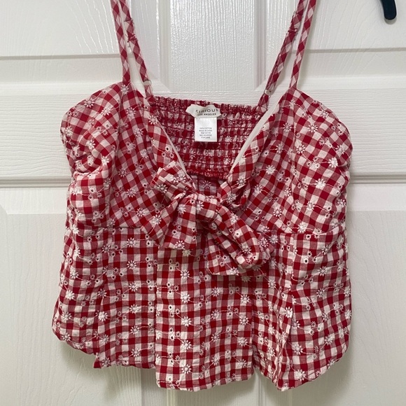 kirious picnic red gingham floral top crop bow tie urban summer brandy M cami - Picture 2 of 5